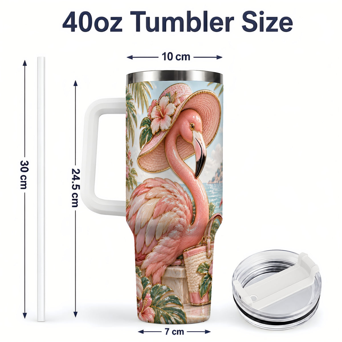 #pl[40oz|White] Tropical Flamingo 40oz Tumbler, Coastal Bird Drinkware for Bird Lovers