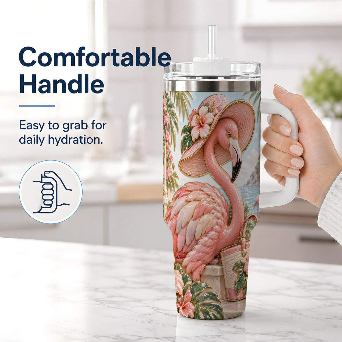 #pl[40oz|White] Tropical Flamingo 40oz Tumbler, Coastal Bird Drinkware for Bird Lovers