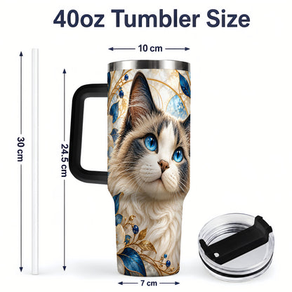 #pl[40oz|Black] Blue-Eyed Cat 40oz Tumbler, Floral Feline Drinkware for Cat Lovers
