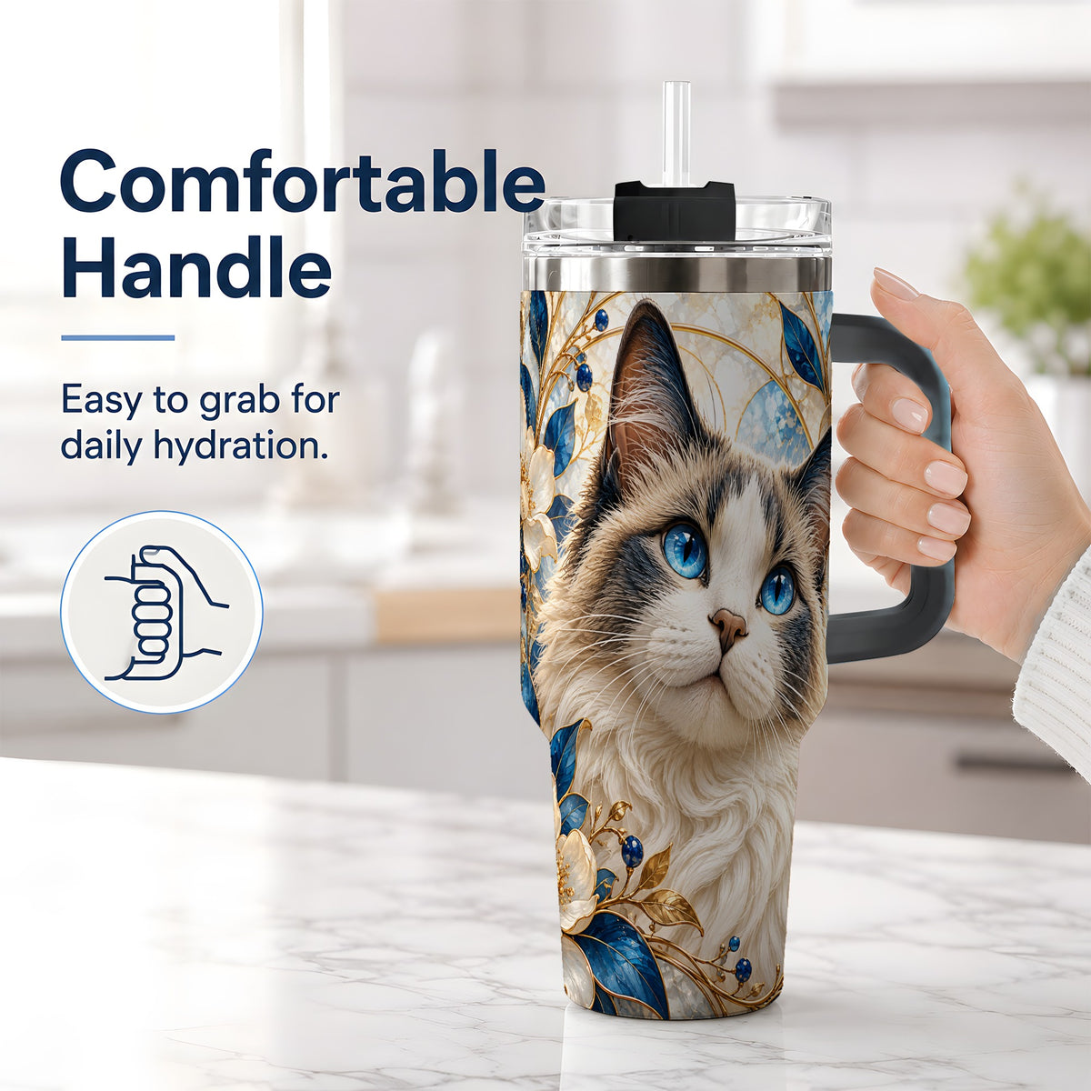 #pl[40oz|Black] Blue-Eyed Cat 40oz Tumbler, Floral Feline Drinkware for Cat Lovers