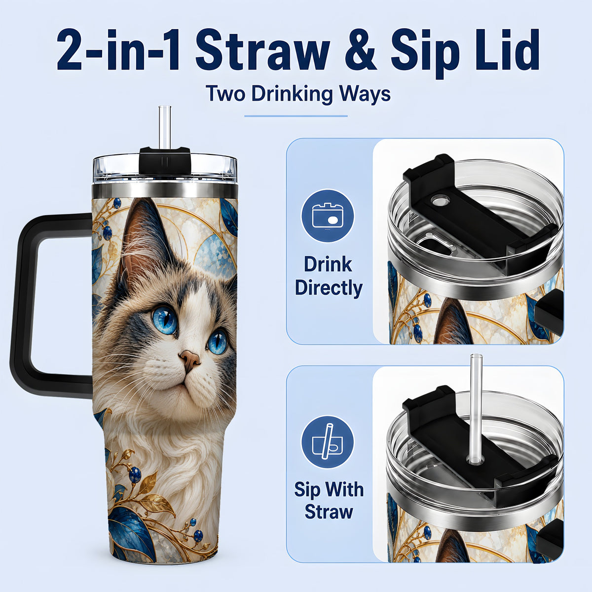 #pl[40oz|Black] Blue-Eyed Cat 40oz Tumbler, Floral Feline Drinkware for Cat Lovers