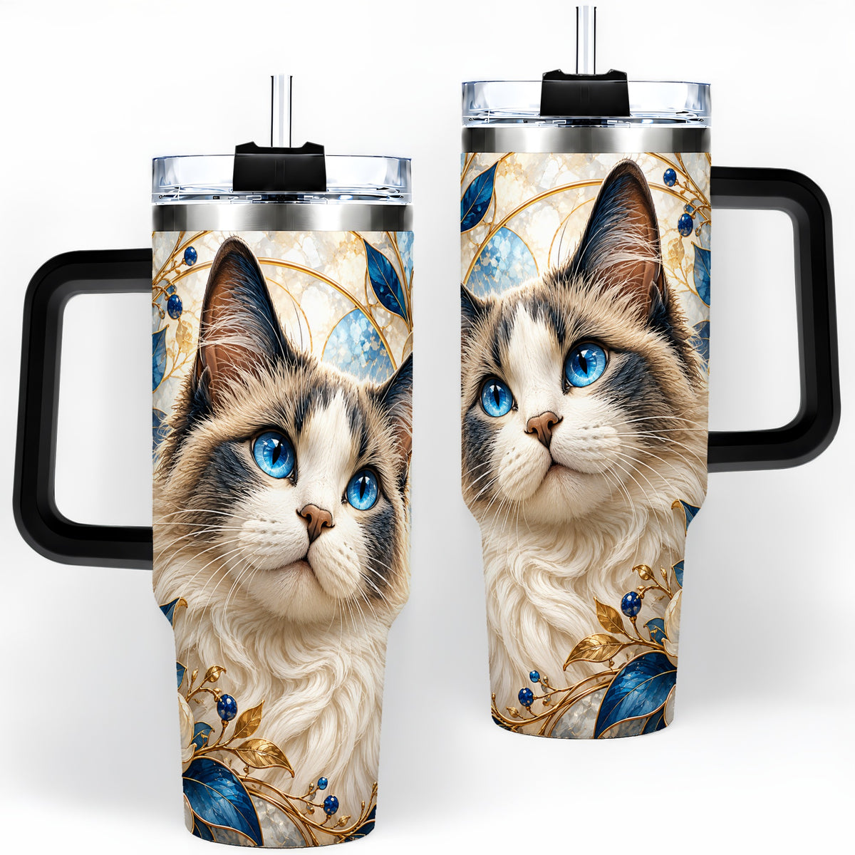 #pl[40oz|Black] Blue-Eyed Cat 40oz Tumbler, Floral Feline Drinkware for Cat Lovers