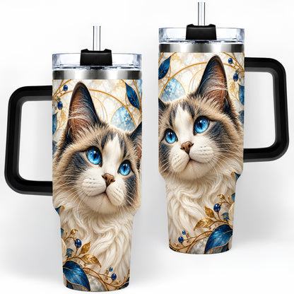 #pl[40oz|Black] Blue-Eyed Cat 40oz Tumbler, Floral Feline Drinkware for Cat Lovers