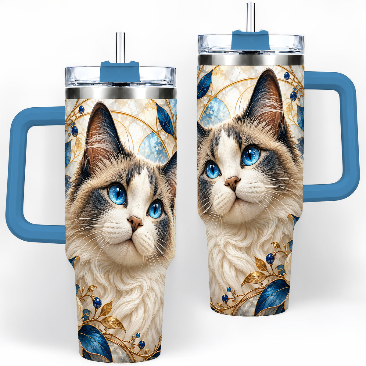 #pl[40oz|Blue] Blue-Eyed Cat 40oz Tumbler, Floral Feline Drinkware for Cat Lovers