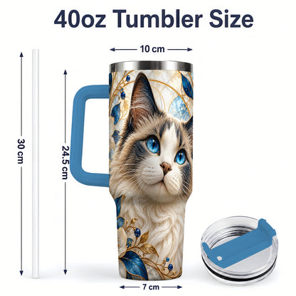 #pl[40oz|Blue] Blue-Eyed Cat 40oz Tumbler, Floral Feline Drinkware for Cat Lovers