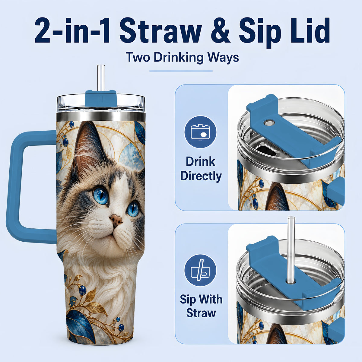 #pl[40oz|Blue] Blue-Eyed Cat 40oz Tumbler, Floral Feline Drinkware for Cat Lovers