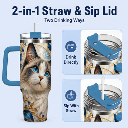 #pl[40oz|Blue] Blue-Eyed Cat 40oz Tumbler, Floral Feline Drinkware for Cat Lovers
