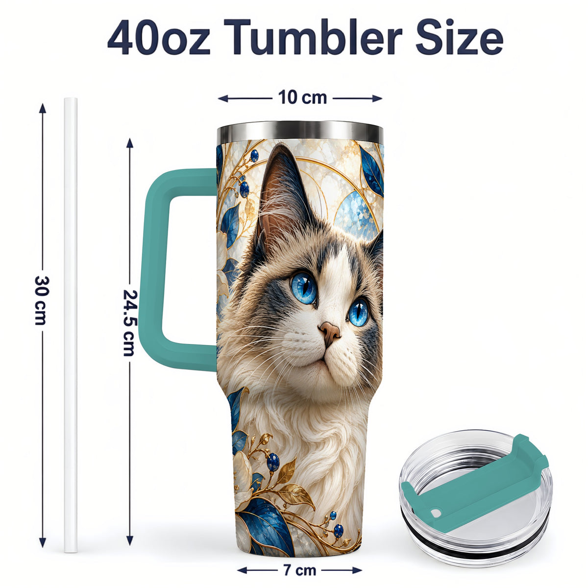 #pl[40oz|Green] Blue-Eyed Cat 40oz Tumbler, Floral Feline Drinkware for Cat Lovers