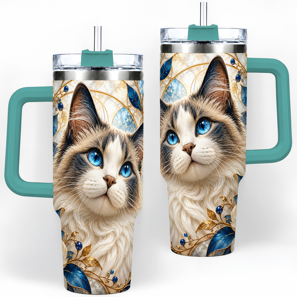 #pl[40oz|Green] Blue-Eyed Cat 40oz Tumbler, Floral Feline Drinkware for Cat Lovers