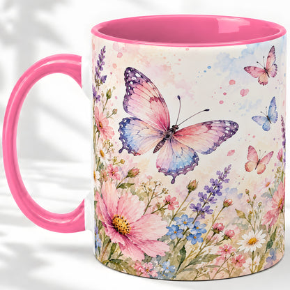 #pl[11oz|Pink] Watercolor Butterfly Wildflower Ceramic Mug