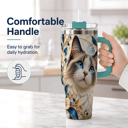 #pl[40oz|Green] Blue-Eyed Cat 40oz Tumbler, Floral Feline Drinkware for Cat Lovers