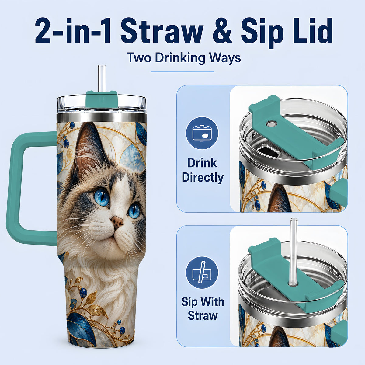 #pl[40oz|Green] Blue-Eyed Cat 40oz Tumbler, Floral Feline Drinkware for Cat Lovers