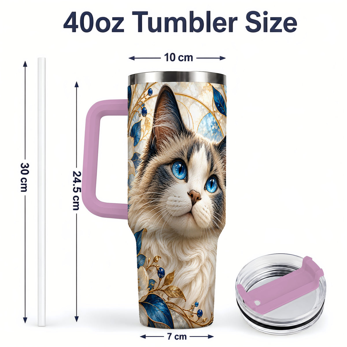 #pl[40oz|Pink] Blue-Eyed Cat 40oz Tumbler, Floral Feline Drinkware for Cat Lovers
