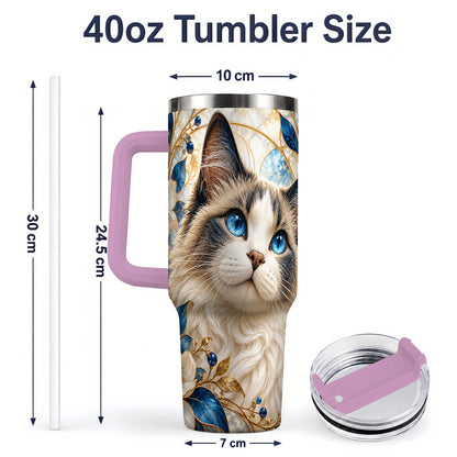 #pl[40oz|Pink] Blue-Eyed Cat 40oz Tumbler, Floral Feline Drinkware for Cat Lovers