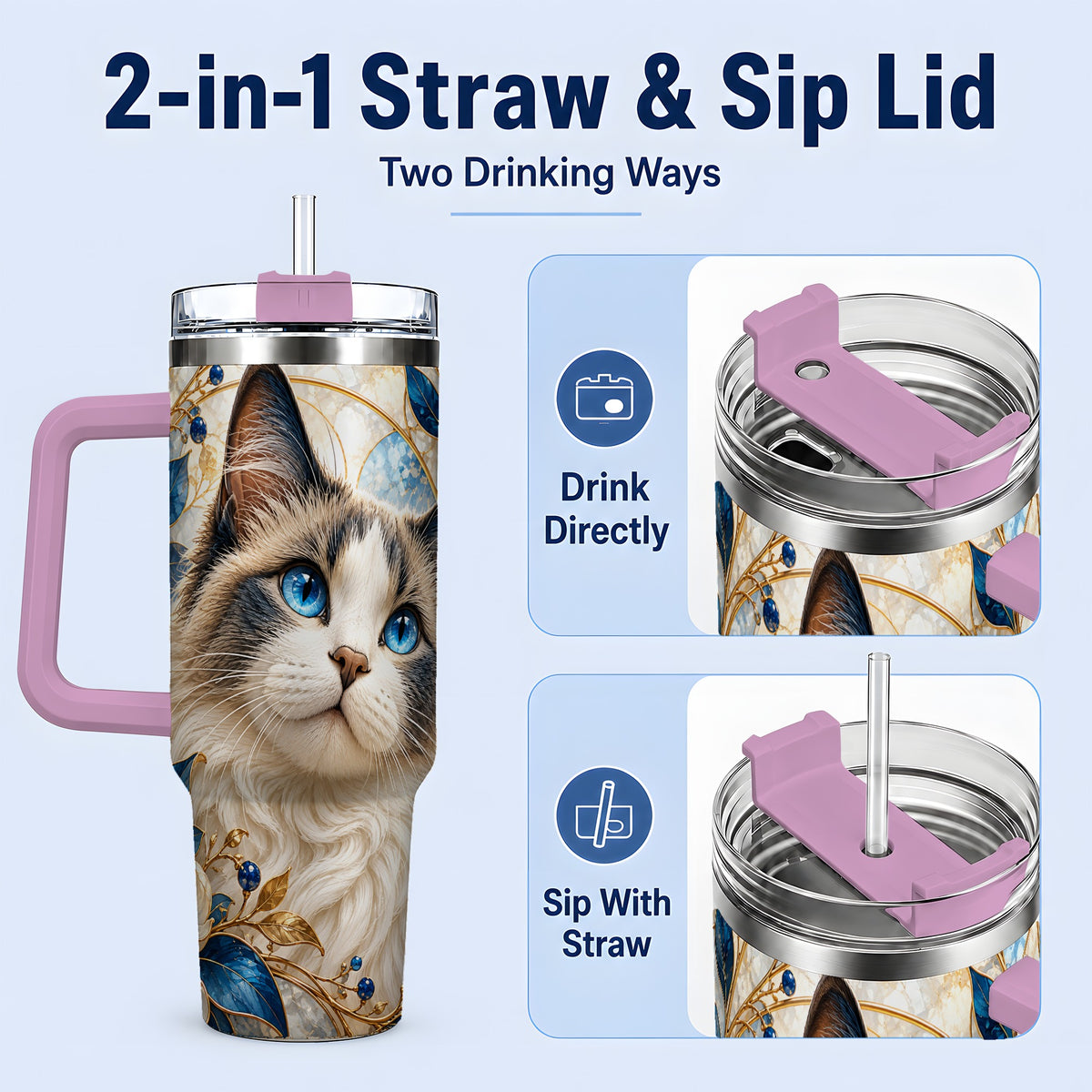 #pl[40oz|Pink] Blue-Eyed Cat 40oz Tumbler, Floral Feline Drinkware for Cat Lovers