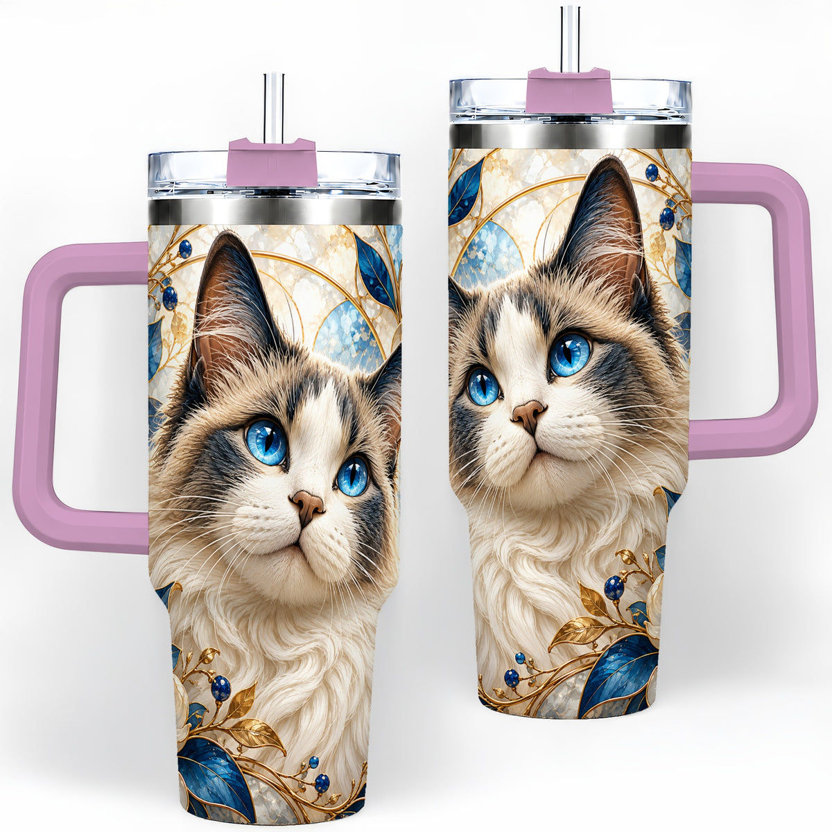 #pl[40oz|Pink] Blue-Eyed Cat 40oz Tumbler, Floral Feline Drinkware for Cat Lovers