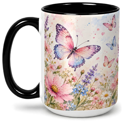 #pl[15oz|Black] Watercolor Butterfly Wildflower Ceramic Mug