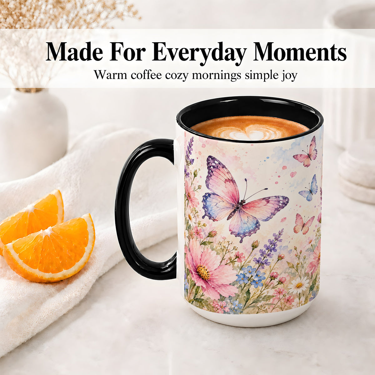 #pl[15oz|Black] Watercolor Butterfly Wildflower Ceramic Mug