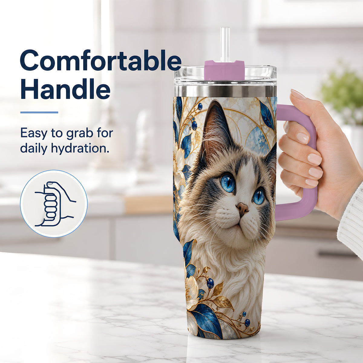 #pl[40oz|Pink] Blue-Eyed Cat 40oz Tumbler, Floral Feline Drinkware for Cat Lovers