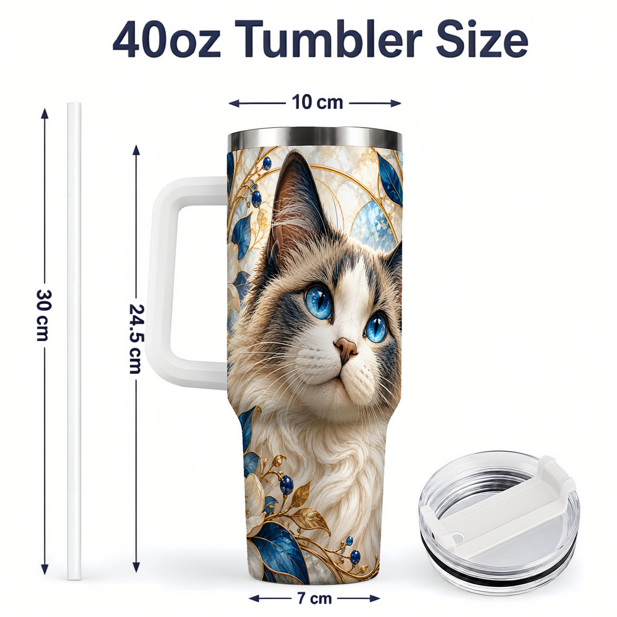 #pl[40oz|White] Blue-Eyed Cat 40oz Tumbler, Floral Feline Drinkware for Cat Lovers