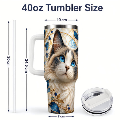 #pl[40oz|White] Blue-Eyed Cat 40oz Tumbler, Floral Feline Drinkware for Cat Lovers