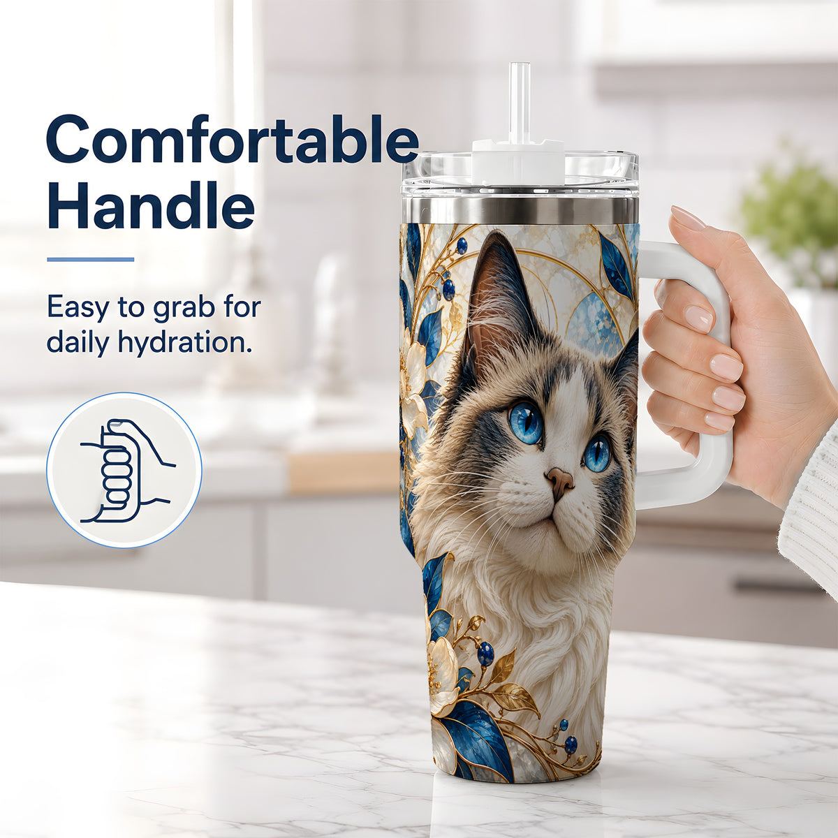 #pl[40oz|White] Blue-Eyed Cat 40oz Tumbler, Floral Feline Drinkware for Cat Lovers