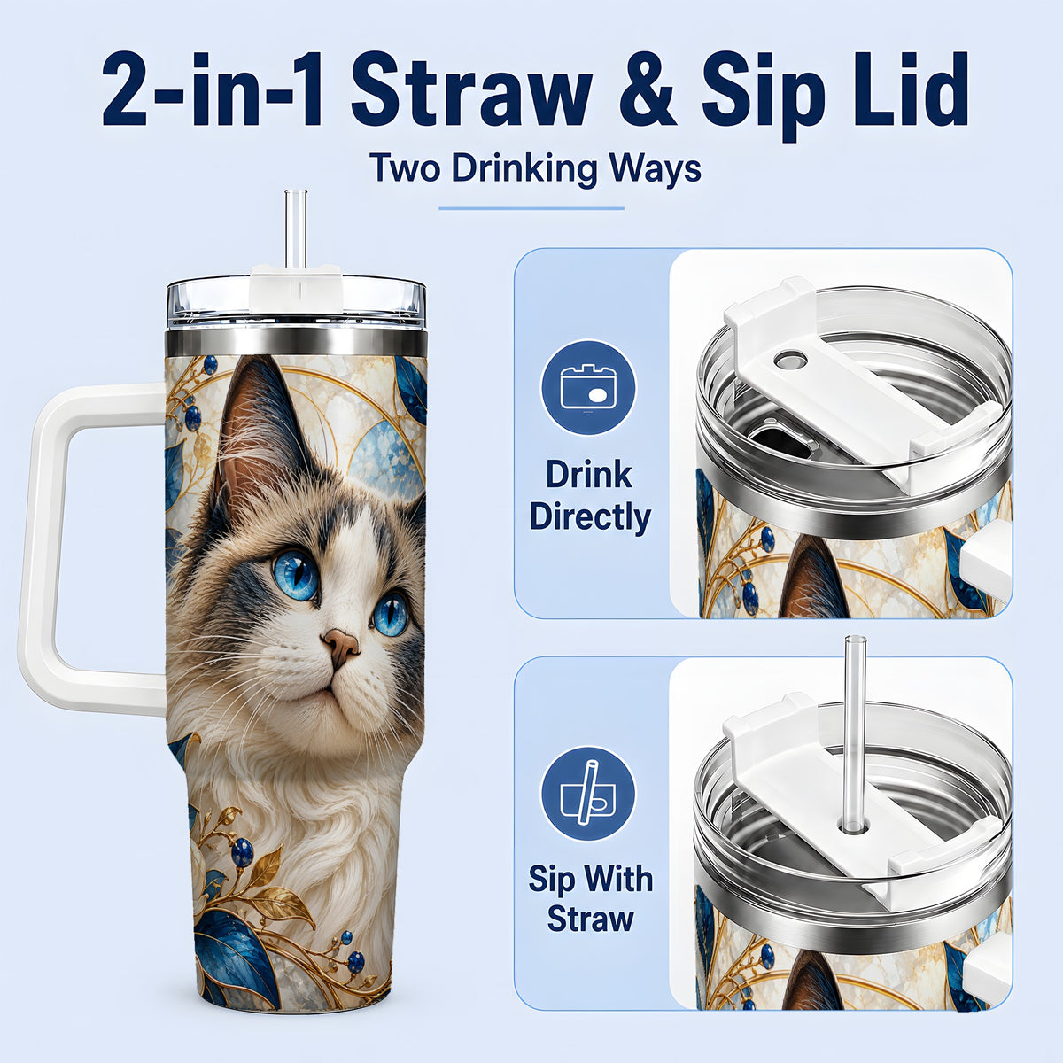 #pl[40oz|White] Blue-Eyed Cat 40oz Tumbler, Floral Feline Drinkware for Cat Lovers