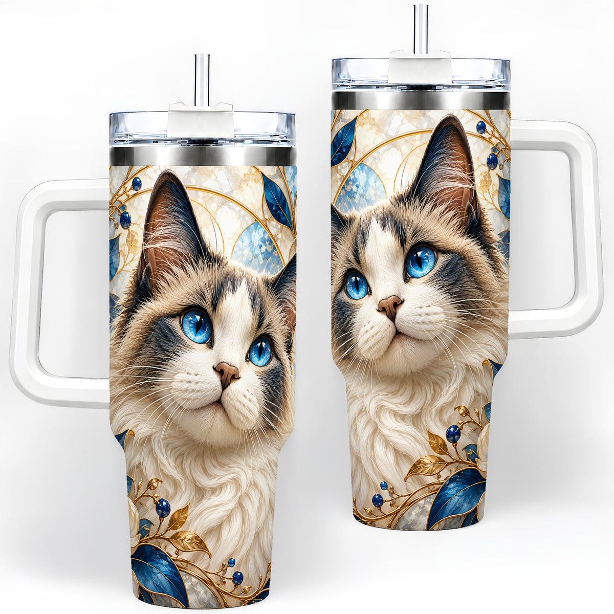 Blue-Eyed Cat 40oz Tumbler, Floral Feline Drinkware for Cat Lovers