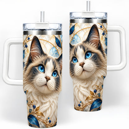 Blue-Eyed Cat 40oz Tumbler, Floral Feline Drinkware for Cat Lovers