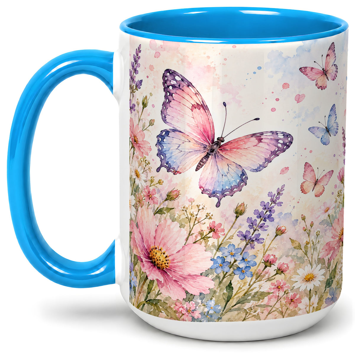 #pl[15oz|Blue] Watercolor Butterfly Wildflower Ceramic Mug