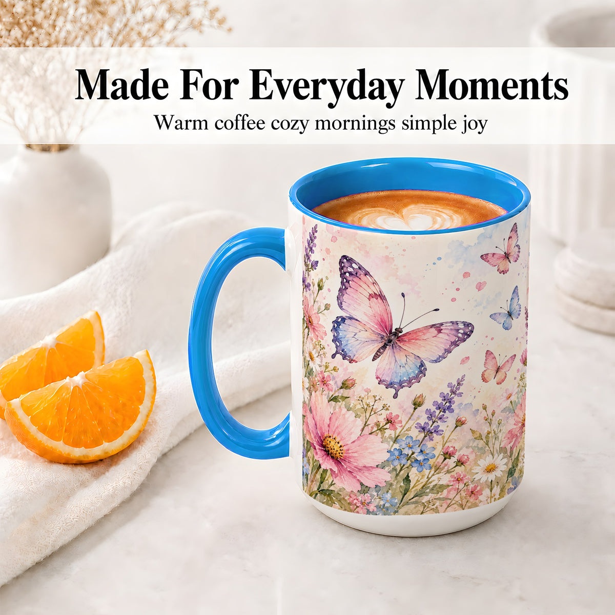 #pl[15oz|Blue] Watercolor Butterfly Wildflower Ceramic Mug