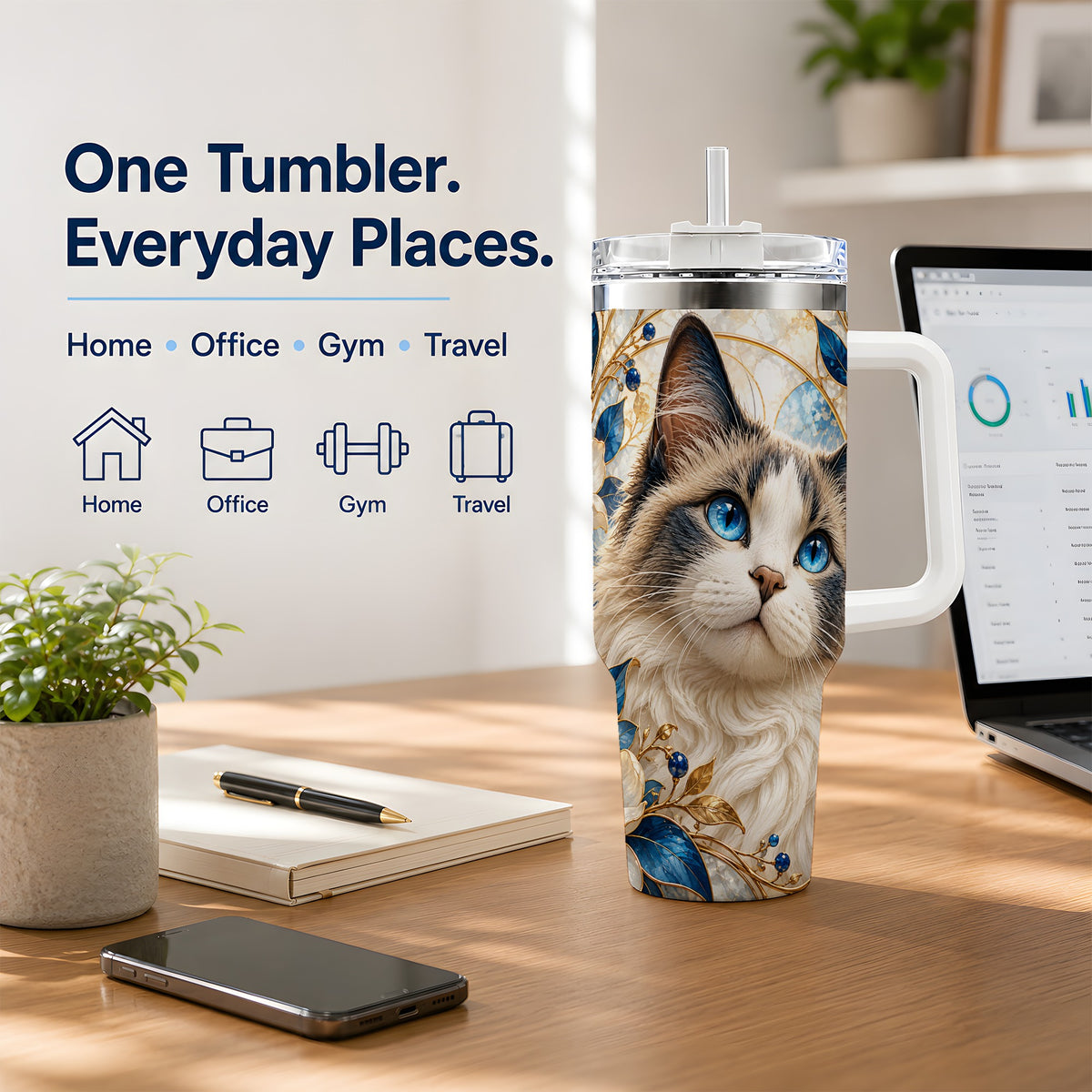 Blue-Eyed Cat 40oz Tumbler, Floral Feline Drinkware for Cat Lovers