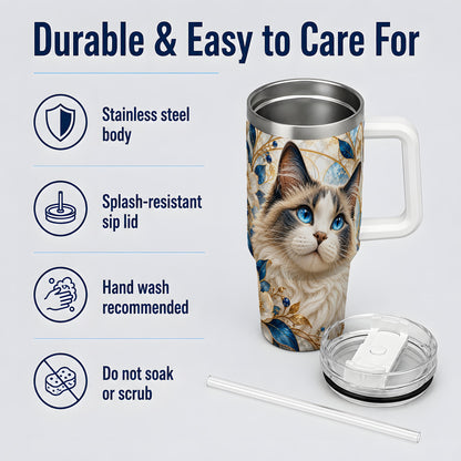 Blue-Eyed Cat 40oz Tumbler, Floral Feline Drinkware for Cat Lovers