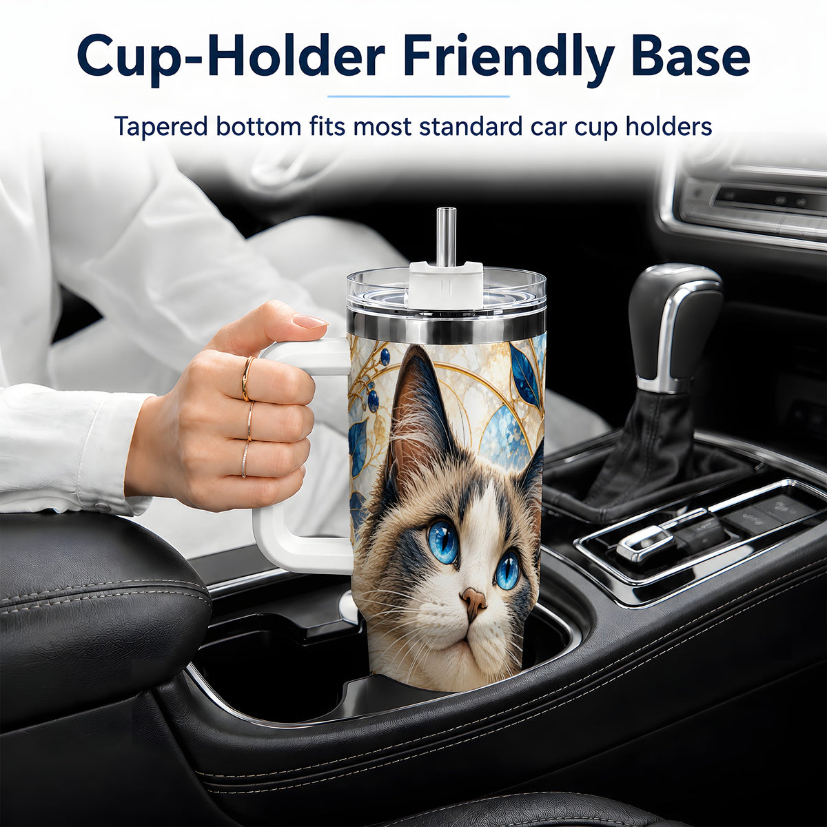 Blue-Eyed Cat 40oz Tumbler, Floral Feline Drinkware for Cat Lovers