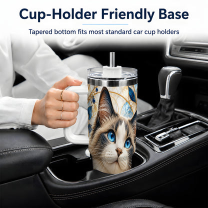 Blue-Eyed Cat 40oz Tumbler, Floral Feline Drinkware for Cat Lovers