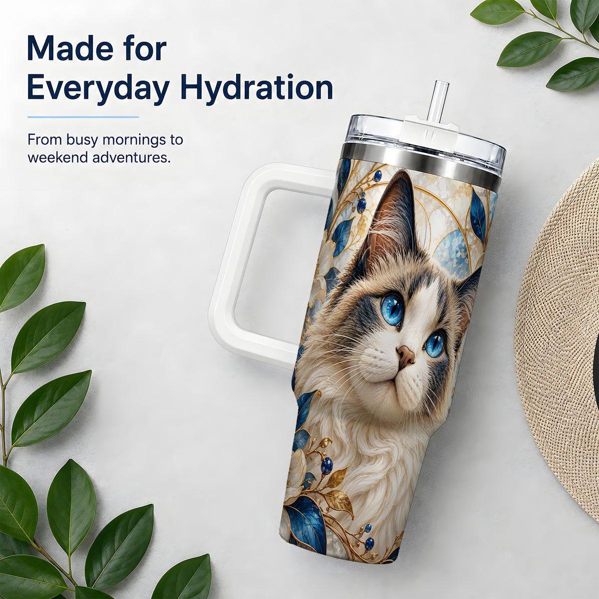 Blue-Eyed Cat 40oz Tumbler, Floral Feline Drinkware for Cat Lovers