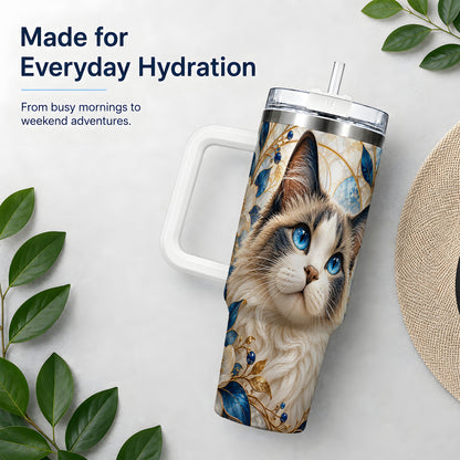 Blue-Eyed Cat 40oz Tumbler, Floral Feline Drinkware for Cat Lovers