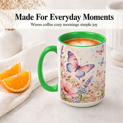 #pl[15oz|Green] Watercolor Butterfly Wildflower Ceramic Mug