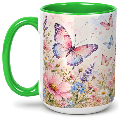 #pl[15oz|Green] Watercolor Butterfly Wildflower Ceramic Mug