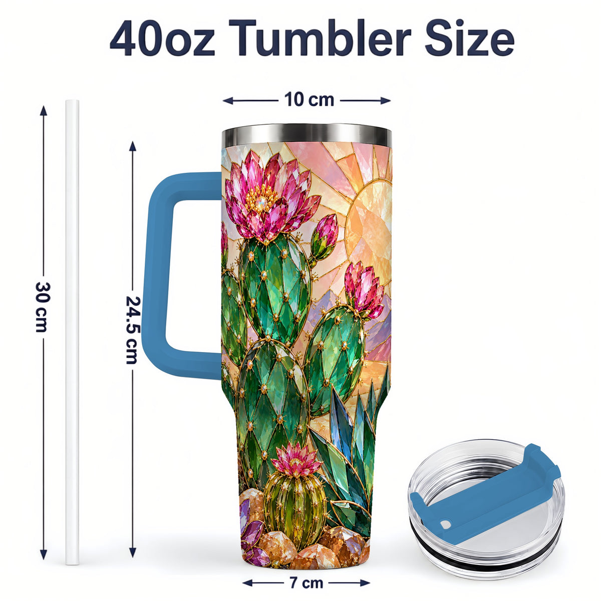 #pl[40oz|Blue] Blooming Cactus 40oz Tumbler, Desert Floral Drinkware for Plant Lovers
