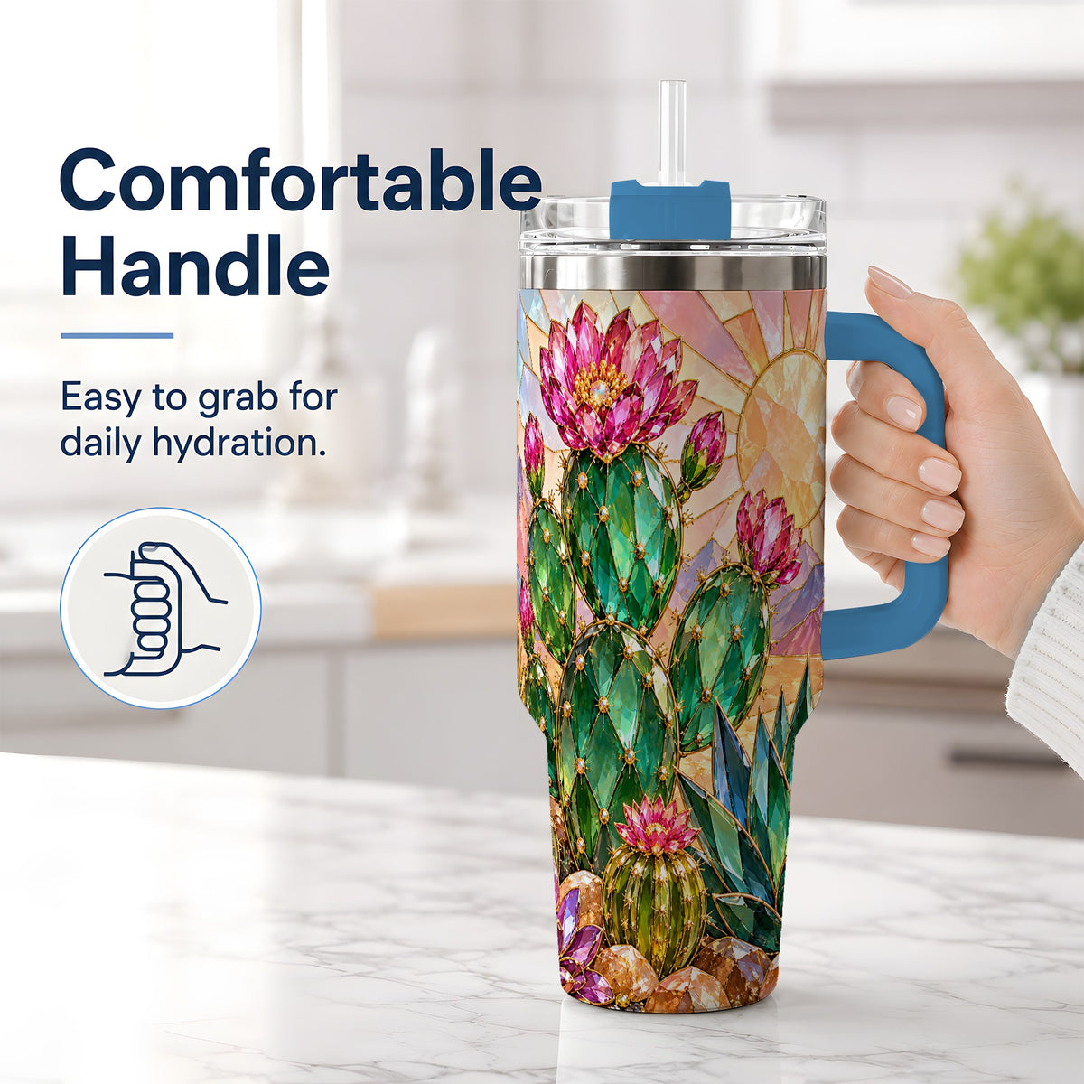 #pl[40oz|Blue] Blooming Cactus 40oz Tumbler, Desert Floral Drinkware for Plant Lovers