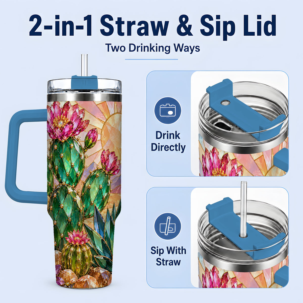 #pl[40oz|Blue] Blooming Cactus 40oz Tumbler, Desert Floral Drinkware for Plant Lovers