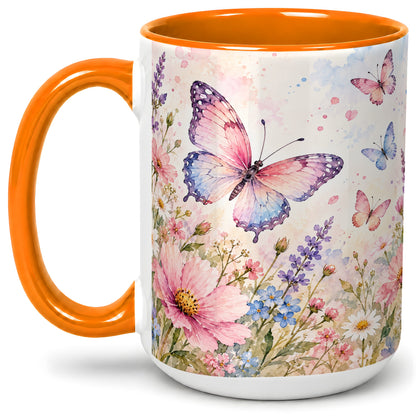 #pl[15oz|Orange] Watercolor Butterfly Wildflower Ceramic Mug