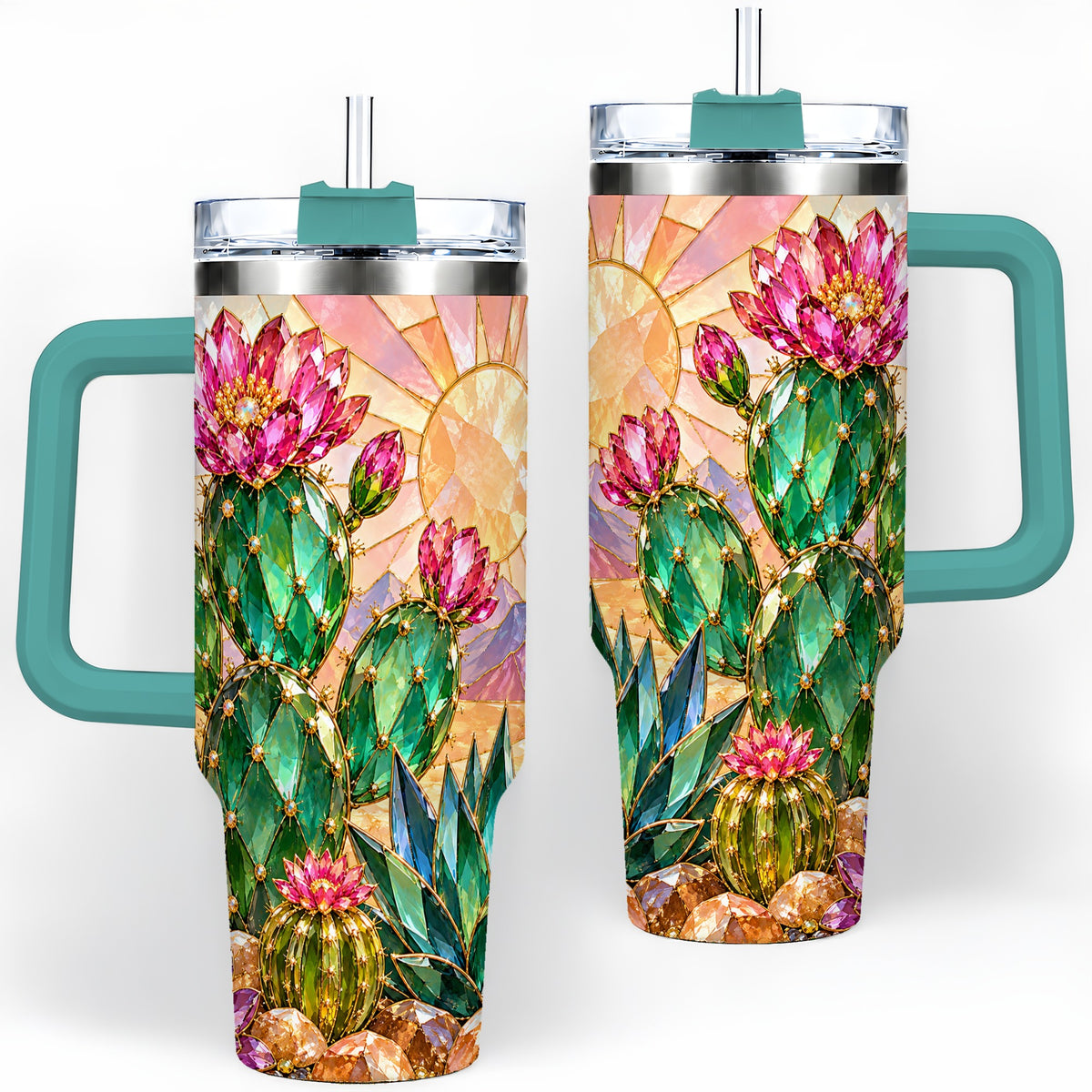 #pl[40oz|Green] Blooming Cactus 40oz Tumbler, Desert Floral Drinkware for Plant Lovers