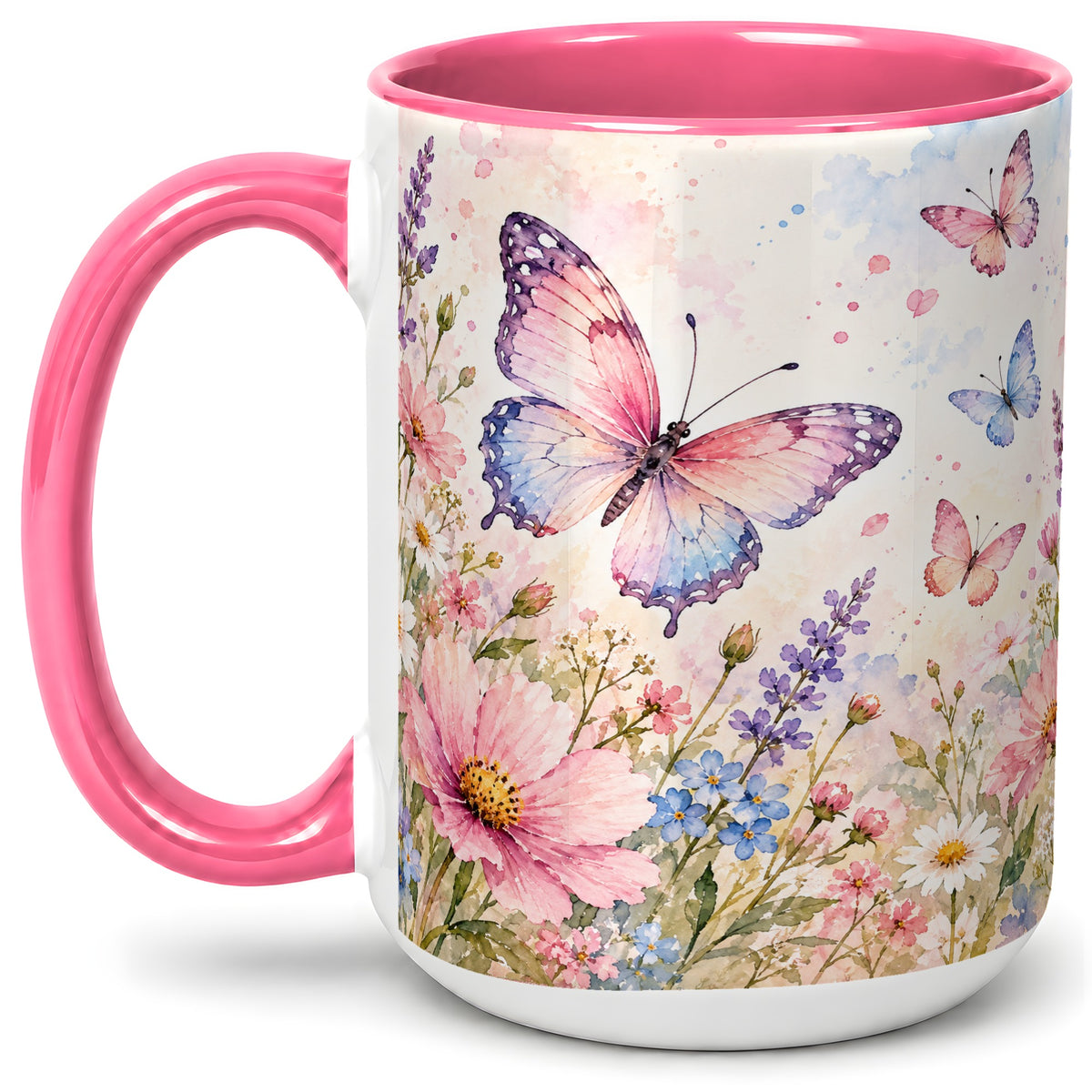 #pl[15oz|Pink] Watercolor Butterfly Wildflower Ceramic Mug