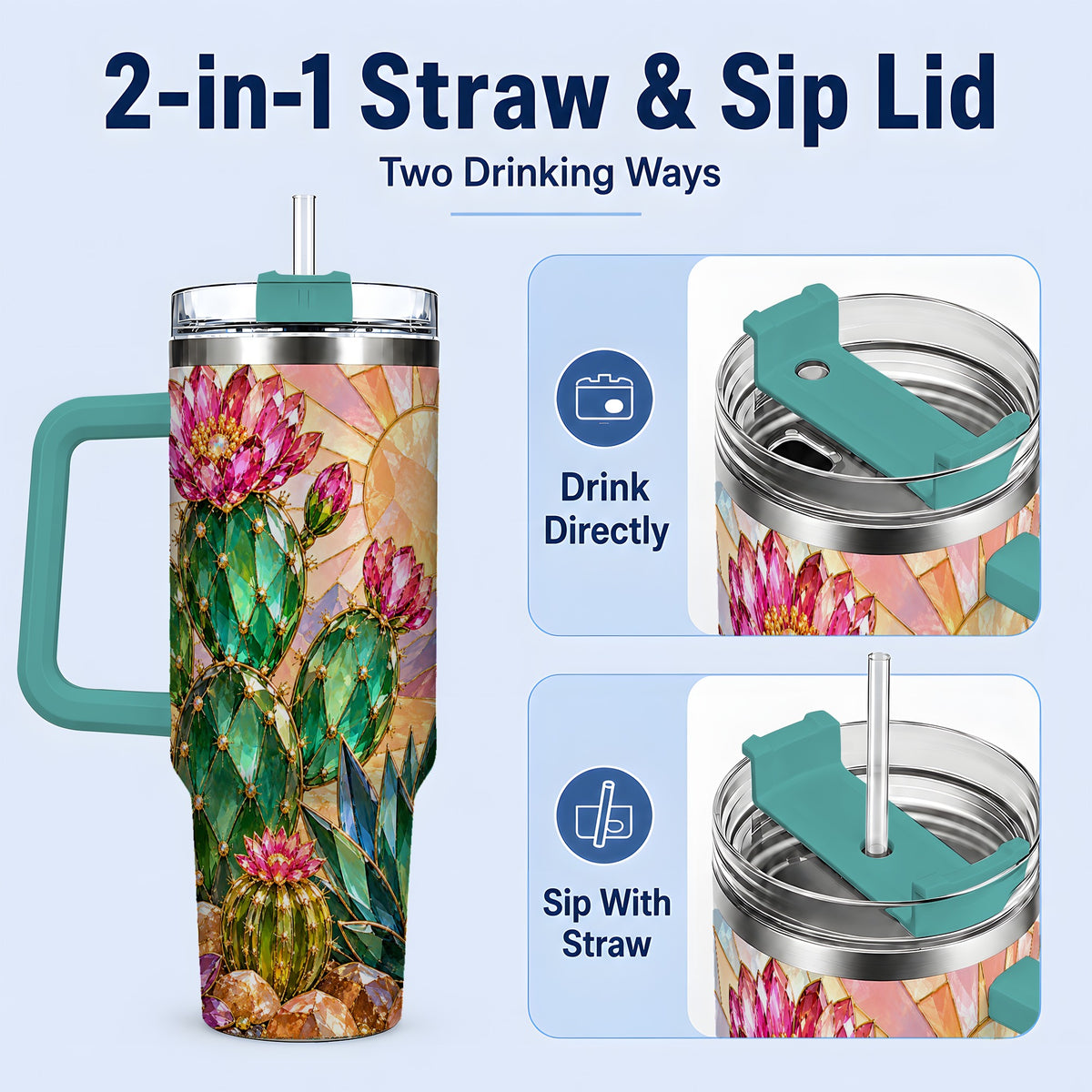 #pl[40oz|Green] Blooming Cactus 40oz Tumbler, Desert Floral Drinkware for Plant Lovers
