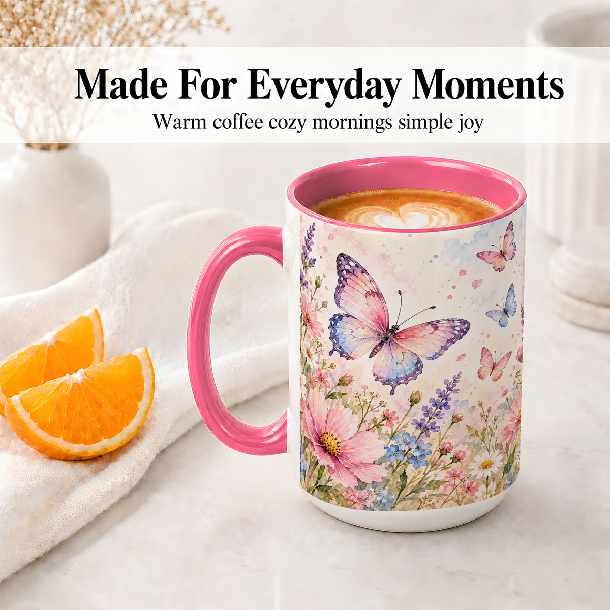 #pl[15oz|Pink] Watercolor Butterfly Wildflower Ceramic Mug
