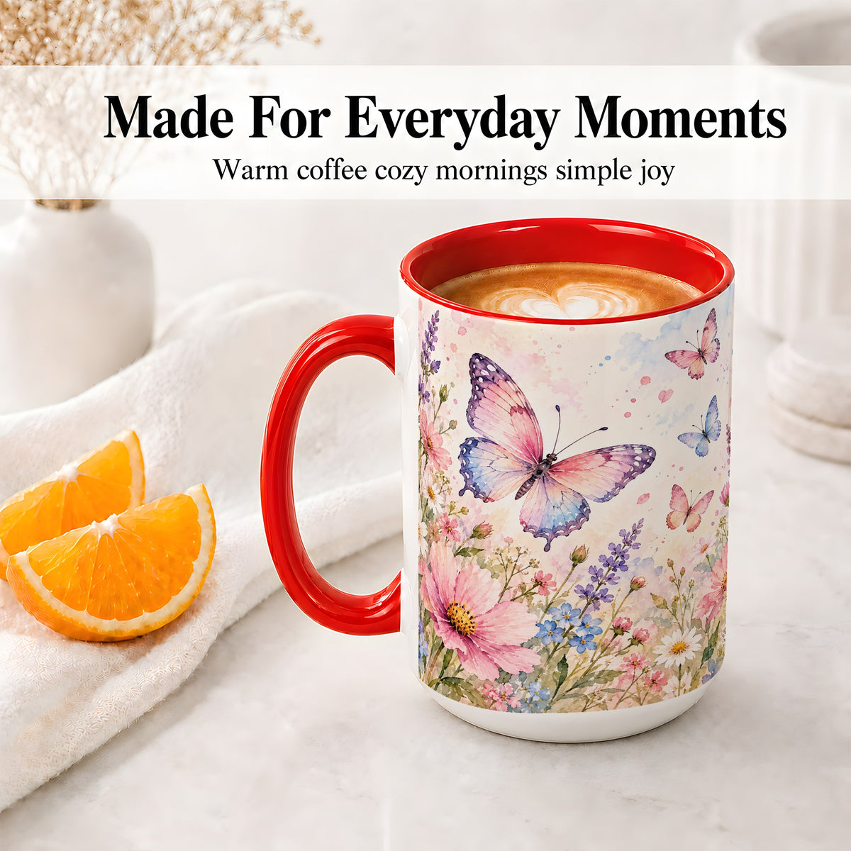#pl[15oz|Red] Watercolor Butterfly Wildflower Ceramic Mug