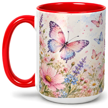 #pl[15oz|Red] Watercolor Butterfly Wildflower Ceramic Mug