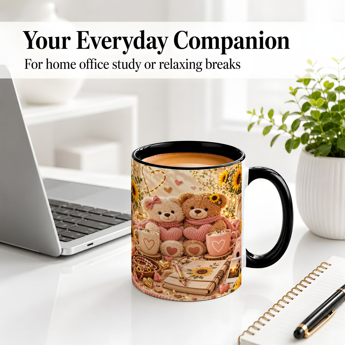 #pl[11oz|Black] Teddy Bear Sunflower Hearts Ceramic Mug